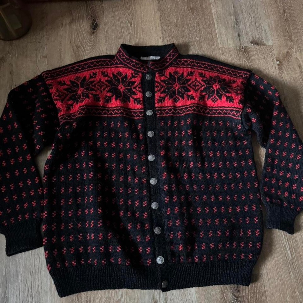 Vintage Red Black Ketty Smidt-Jensen Wool Sweater Handmade Fair Isle Size L/XL